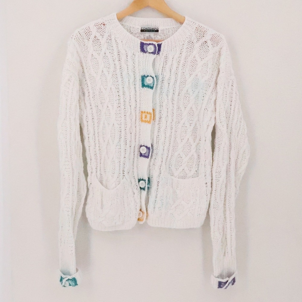 Contempo Casuals Cable Knit Cardigan Vintage 80s Womens Size M White Button